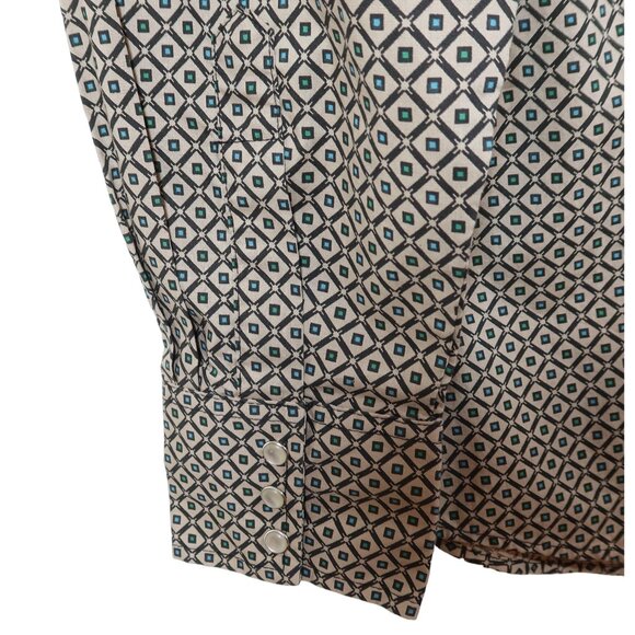 WRANGLER Pearl Snap Western Wrancher Shirt Size M Tan Blue Print Cotton Blend - Picture 5 of 7